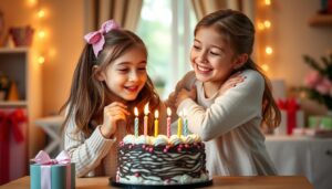 Dwie siostry świętujące urodziny z tortem i prezentami, uśmiechnięte i przytulające się