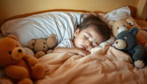 Dziecko śpiące spokojnie w łóżku otoczone pluszowymi zabawkami, z delikatnym światłem nocnej lampki tworzącym ciepłą, bezpieczną atmosferę