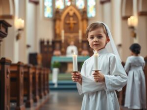 Dziecko w białym stroju komunijnym trzymające świecę podczas uroczystości Pierwszej Komunii Świętej