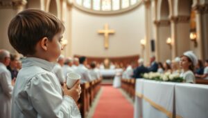 Dziecko w stroju komunijnym modlące się w kościele podczas Pierwszej Komunii Świętej