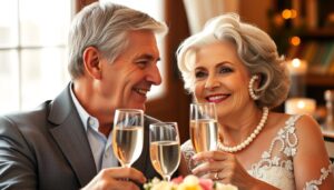 Elegancka para świętująca 30 rocznicę ślubu z perłowym naszyjnikiem i kieliszkami szampana