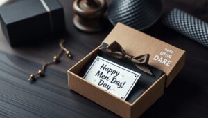 Elegancki prezent z kartką z życzeniami na dzień mężczyzn leżący na ciemnym stole