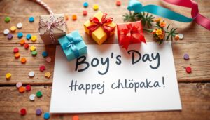Kartka z życzeniami na Dzień chłopaka z prezentami i dekoracjami
