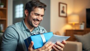 Mężczyzna z prezentem uśmiecha się podczas otrzymywania życzeń na urodziny