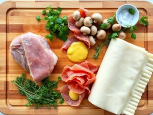 Składniki na polędwicę w cieście francuskim ułożone na drewnianej desce