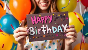 Śmieszne życzenia urodzinowe dla koleżanki napisane na kolorowej kartce urodzinowej z balonami i konfetti