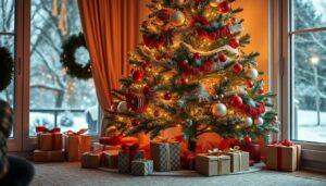 Świąteczna choinka z prezentami i dekoracjami na Boże Narodzenie 2024