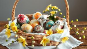 Świąteczne pisanki i koszyk wielkanocny
