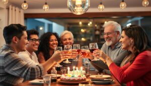 Szczęśliwa rodzina z szwagrem podczas świętowania urodzin, wszyscy uśmiechnięci wznoszą toast za życzenia dla szwagra