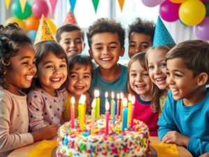 Uśmiechnięte dzieci świętujące urodziny z kolorowymi balonami i tortem urodzinowym z zapalonymi świeczkami