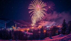 Zimowy krajobraz z sylwestrowymi fajerwerkami nad miastem w noc noworoczną
