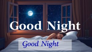 Życzenia na dobranoc - osoba śpiąca spokojnie w łóżku z gwiaździstym niebem za oknem